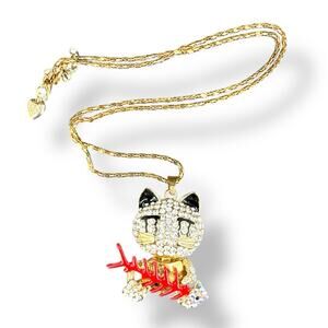 BETSEY JOHNSON Necklace 28” Articulated Cat Holding Fish Bone CRYSTALS Pendant